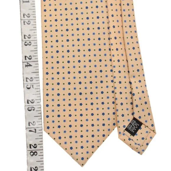 Drake's NWT Neck Tie Beige w/ Blue & Green Mini Floral / Geo Pattern 100% Silk